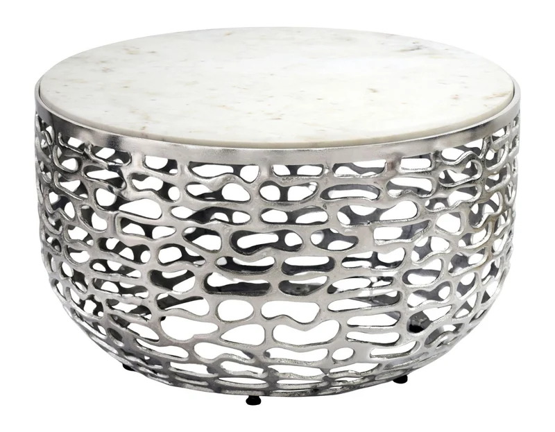 Couchtisch Rund 60 cm mit Marmorplatte Weiß, Aluminiumgestell Silber