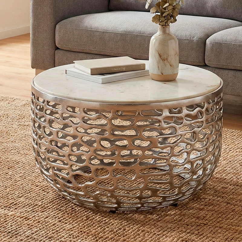 Couchtisch Rund 60 cm mit Marmorplatte Weiß, Aluminiumgestell Silber