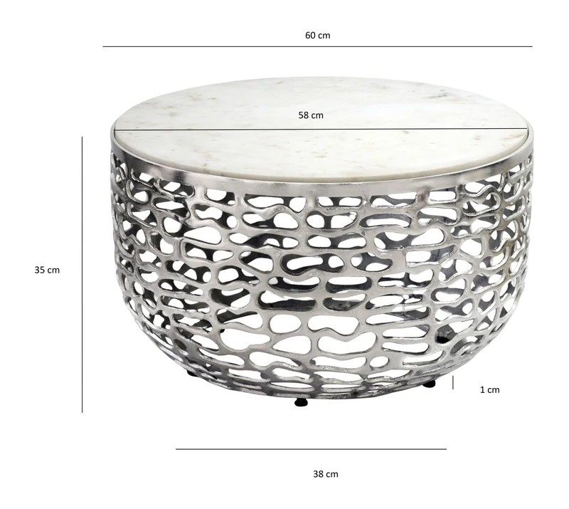 Couchtisch Rund 60 cm mit Marmorplatte Weiß, Aluminiumgestell Silber