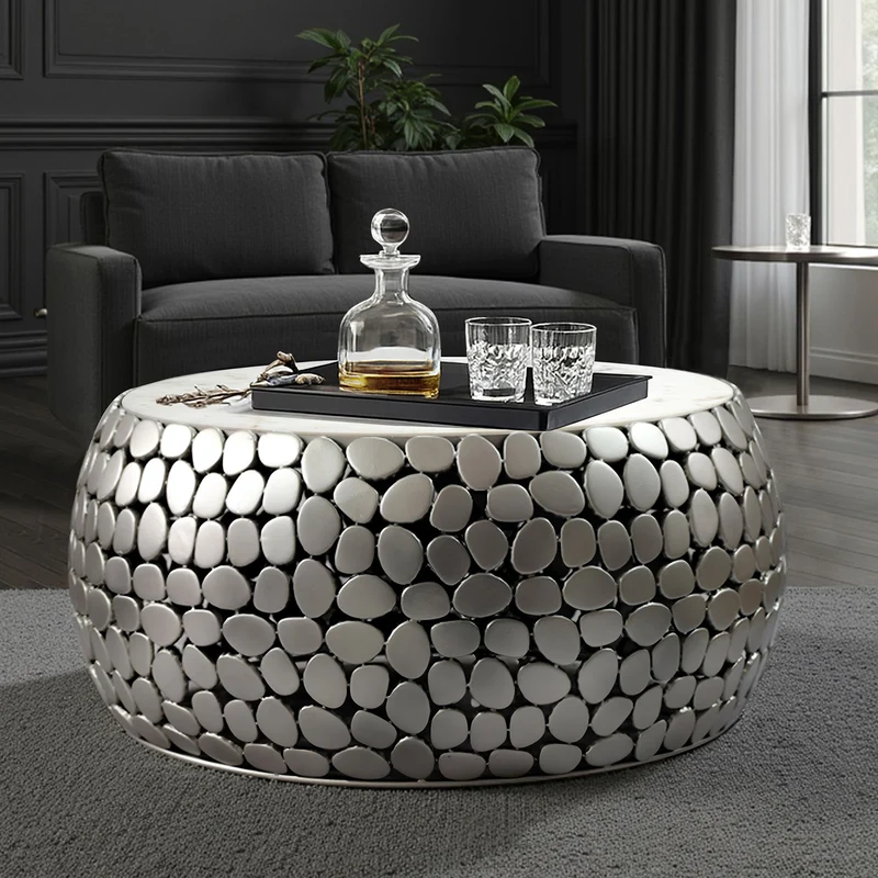 Couchtisch rund 66 cm mit Marmorplatte und Alugestell in Silber