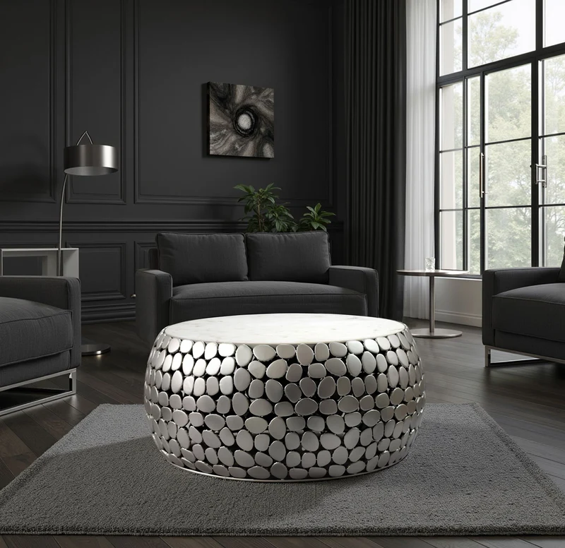 Couchtisch rund 66 cm mit Marmorplatte und Alugestell in Silber
