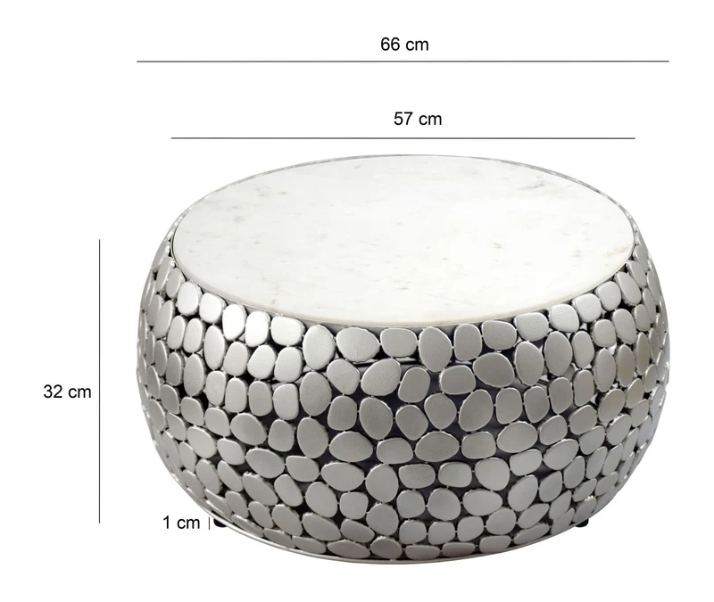 Couchtisch rund 66 cm mit Marmorplatte und Alugestell in Silber