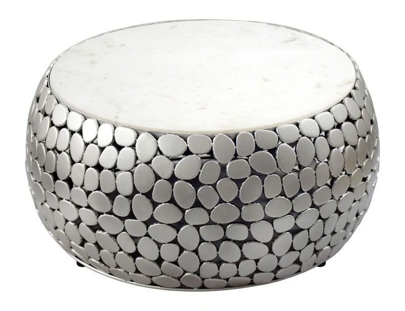 Couchtisch rund 66 cm mit Marmorplatte und Alugestell in Silber