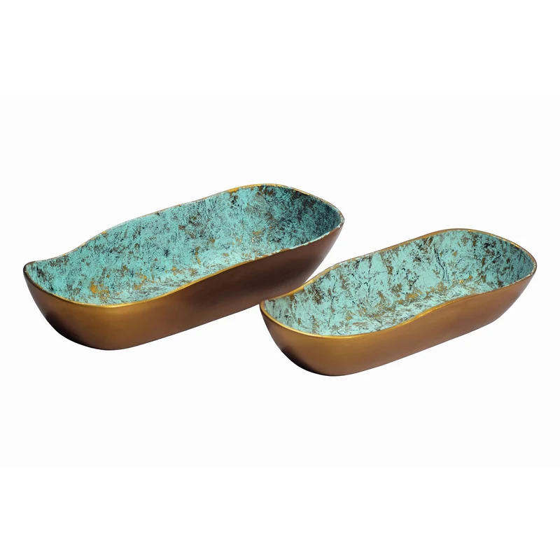 Dekoschale Oval 2er-Set Gold Patina aus Aluminium, Vintage-Look