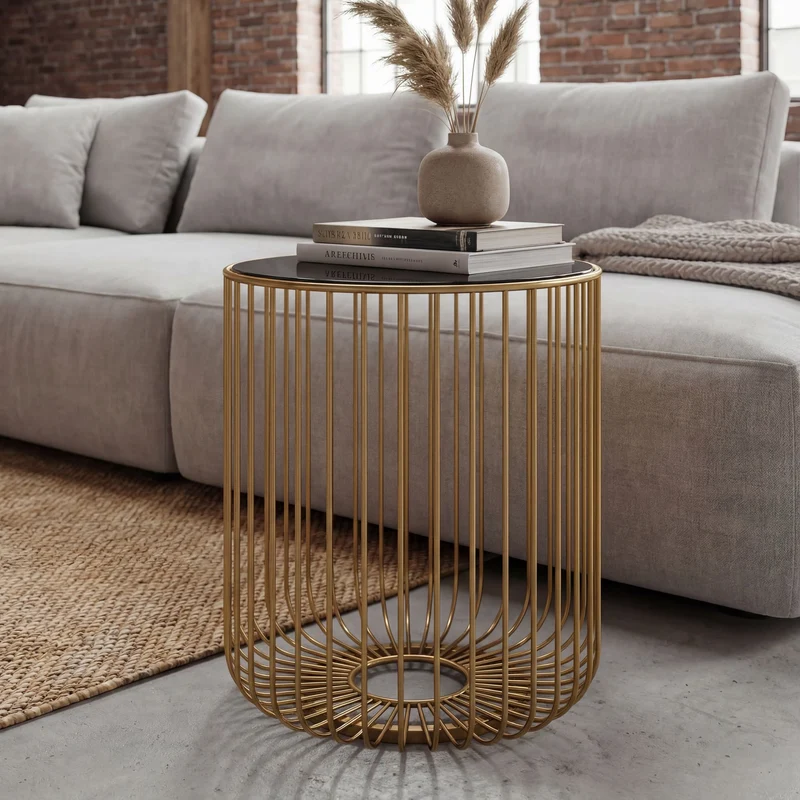 Beistelltisch Gold Rund: Filigrane Glas-Metall-Gitteroptik