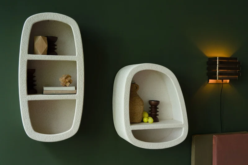 Wandregal Veda aus recyceltem Marmor, Beige – Wohnzimmer-Deko