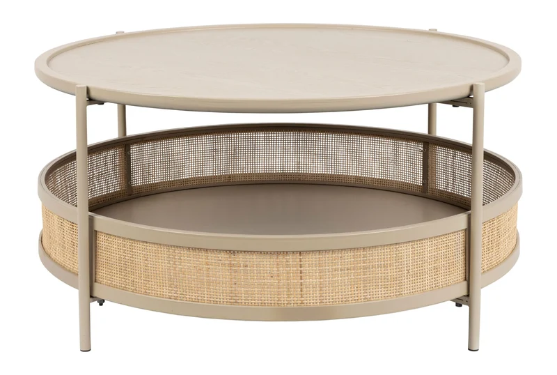 Couchtisch Makoto rund, Japandi-Stil mit Rattan-Details in Beige