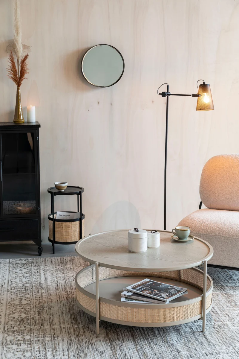 Couchtisch Makoto rund, Japandi-Stil mit Rattan-Details in Beige