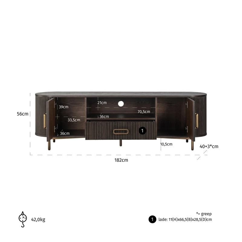 TV-Schrank Luxor von Richmond, Eiche braun mit Golddetails, 181,5 cm