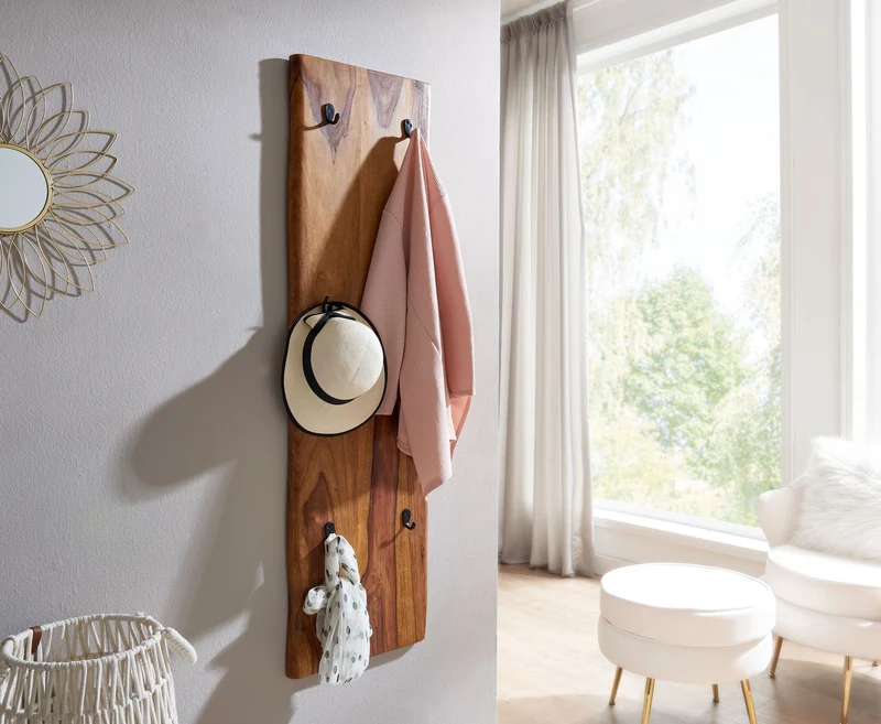 Wandgarderobe Sheesham Massivholz Metall 40x140cm Baumkante Hakenleiste