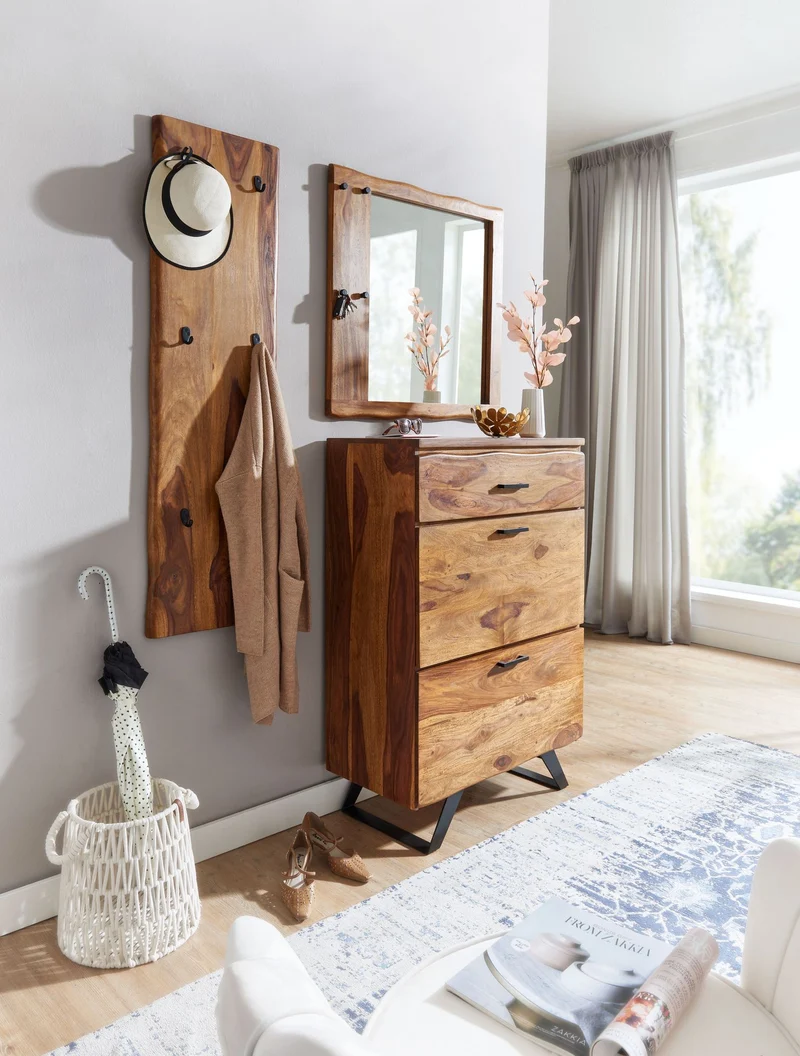 Wandgarderobe Sheesham Massivholz Metall 40x140cm Baumkante Hakenleiste