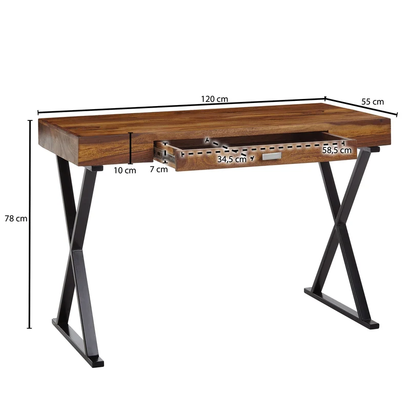 Schreibtisch 120x55x78cm Sheesham Massivholz Metall Schwarz mit Schublade