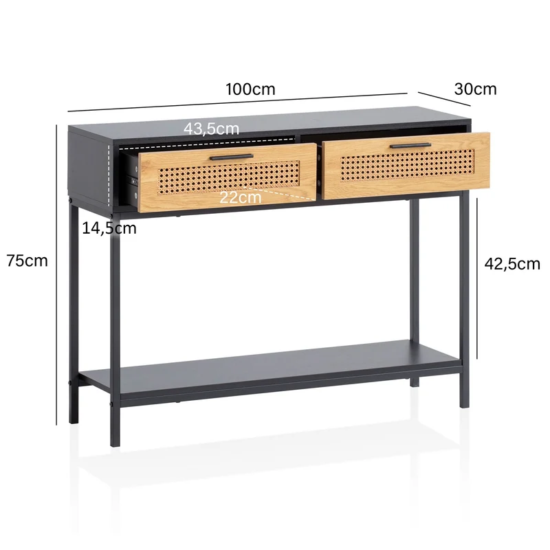 Konsolentisch Schwarz 100x30x75cm Wiener Geflecht Schubladen Rattan