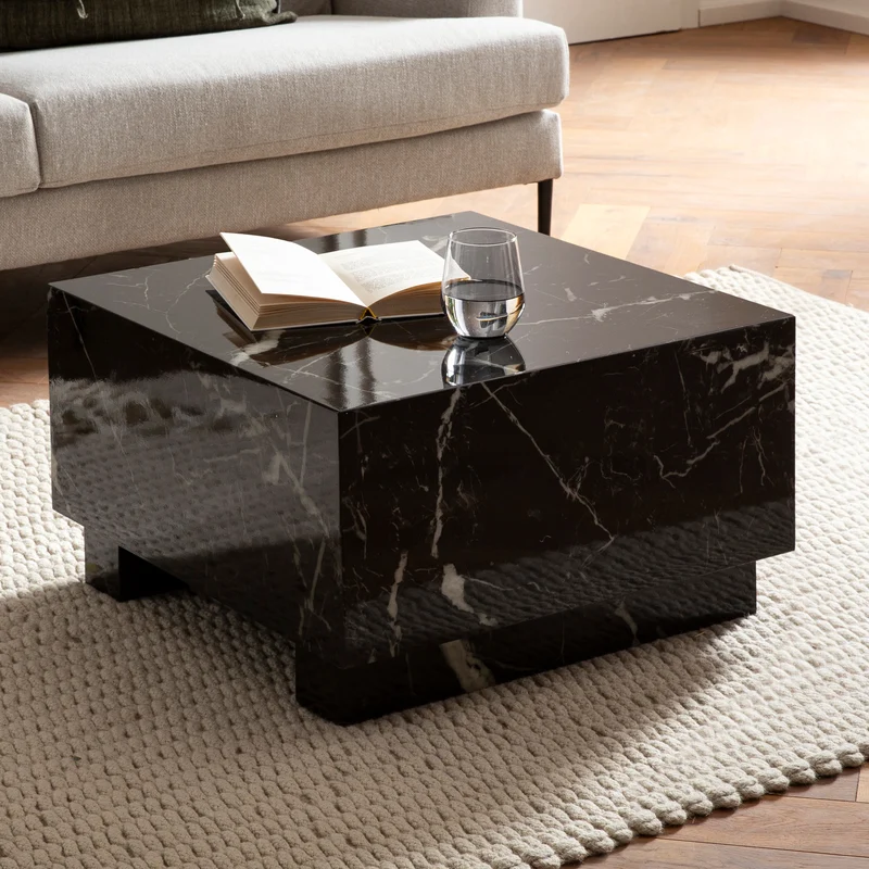 Couchtisch Monobloc 60x60x35cm Schwarz Hochglanz Marmoroptik Quadratisch