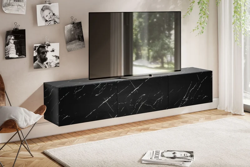 Lowboard Hängend Marmor-Optik Schwarz 160x30x30cm Klapptüren Modern
