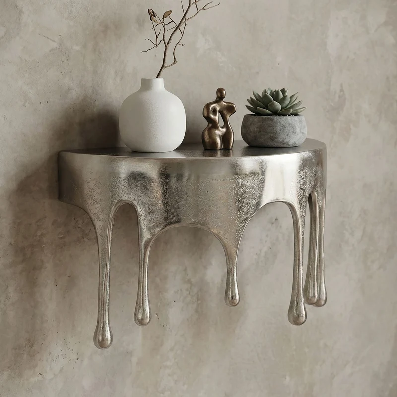 Wandregal Drops 35 cm aus Aluminium in Silber, Tropfenoptik Hängeregal