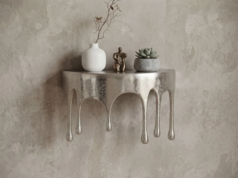 Wandregal Drops 35 cm aus Aluminium in Silber, Tropfenoptik Hängeregal