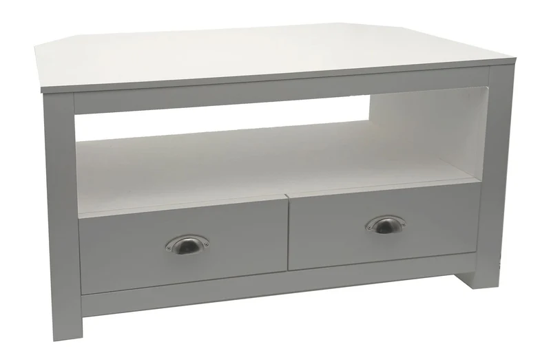 TV Lowboard Weiß 85 cm mit zwei Schubladen für Ecklösung im Wohnzimmer