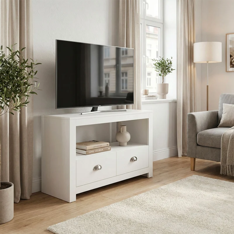 TV Lowboard Weiß 85 cm mit zwei Schubladen für Ecklösung im Wohnzimmer