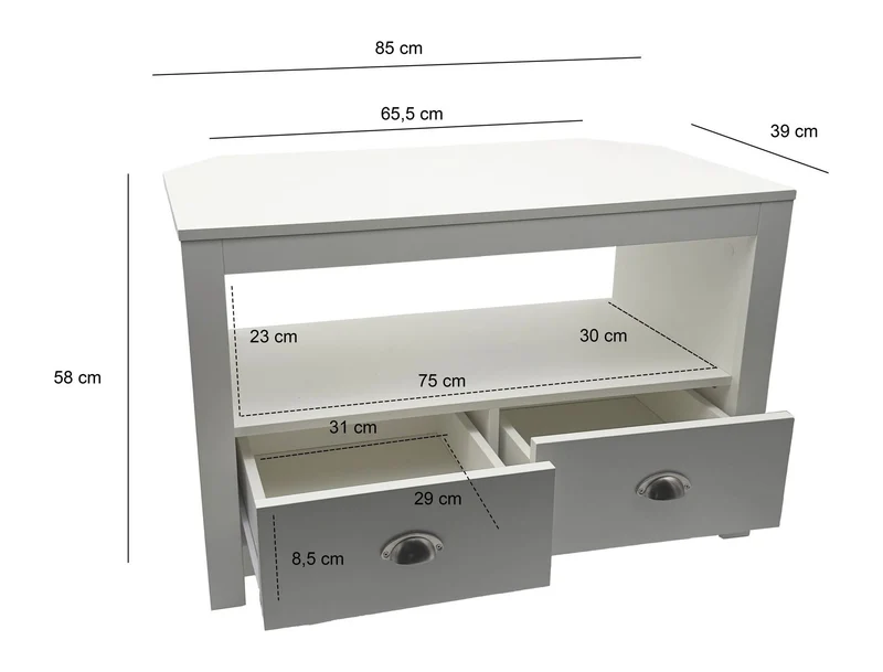 TV Lowboard Weiß 85 cm mit zwei Schubladen für Ecklösung im Wohnzimmer