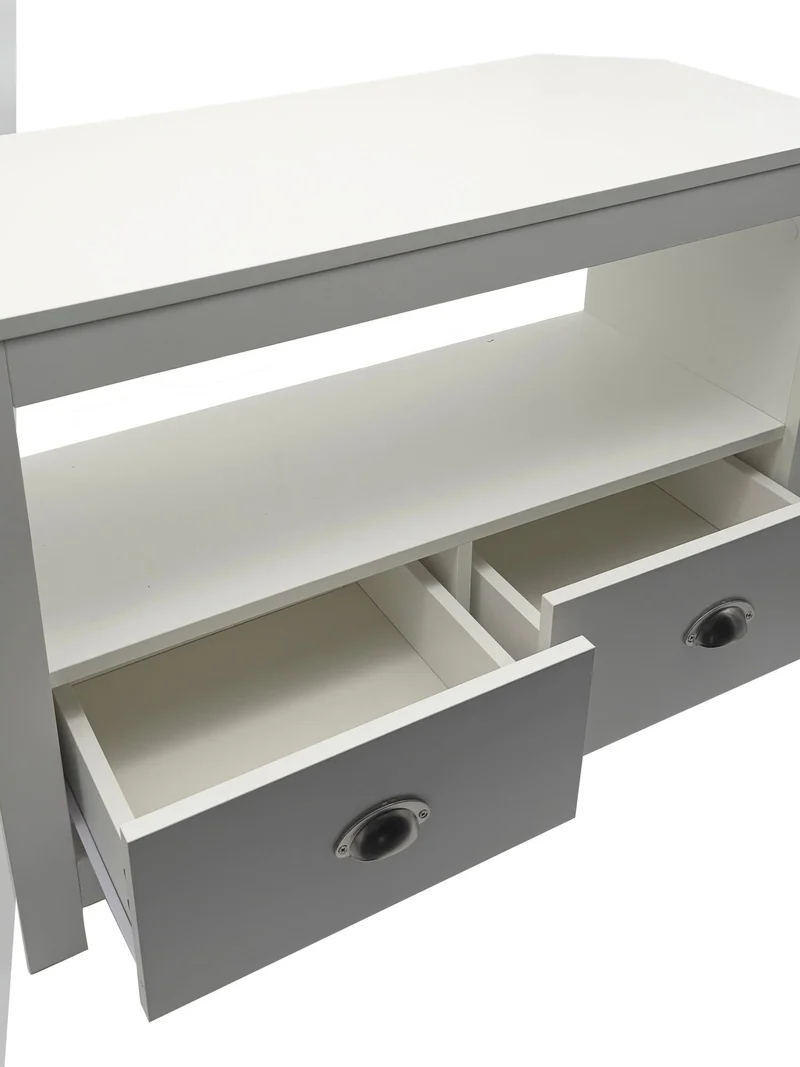 TV Lowboard Weiß 85 cm mit zwei Schubladen für Ecklösung im Wohnzimmer