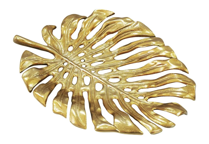 Dekoschale Monstera Gold 36 cm – Handmade Schmuckschale aus Aluminium