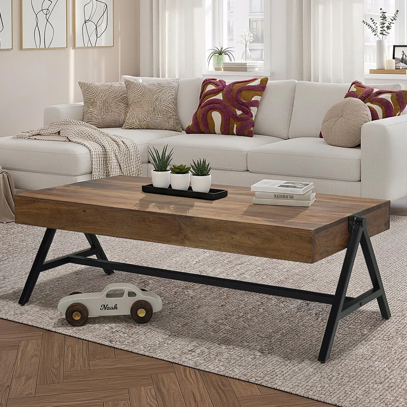 Couchtisch Sheesham 120cm massiv mit Metallgestell im Industrial-Look