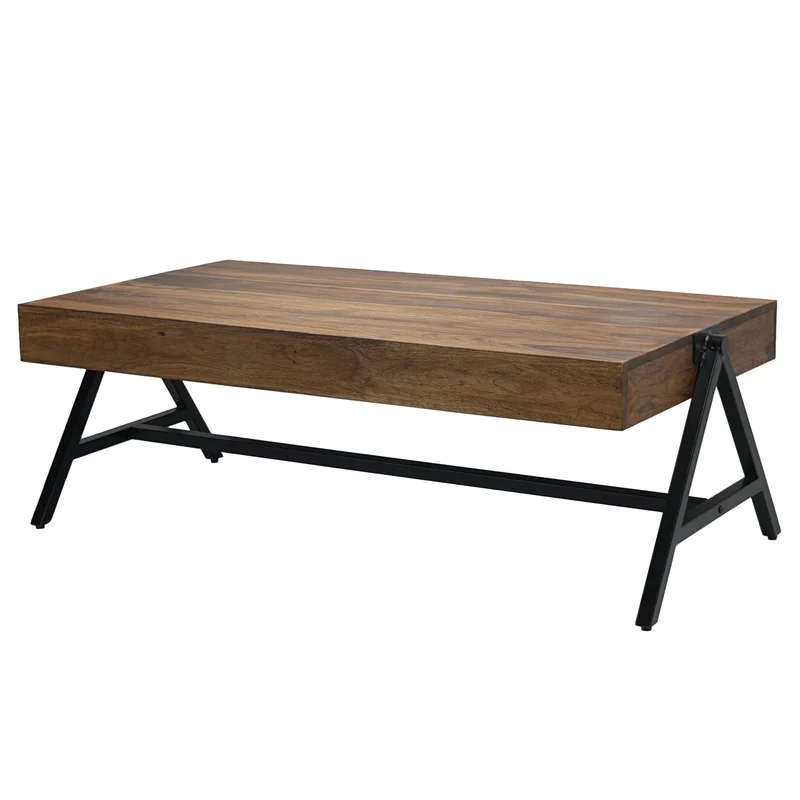 Couchtisch Sheesham 120cm massiv mit Metallgestell im Industrial-Look