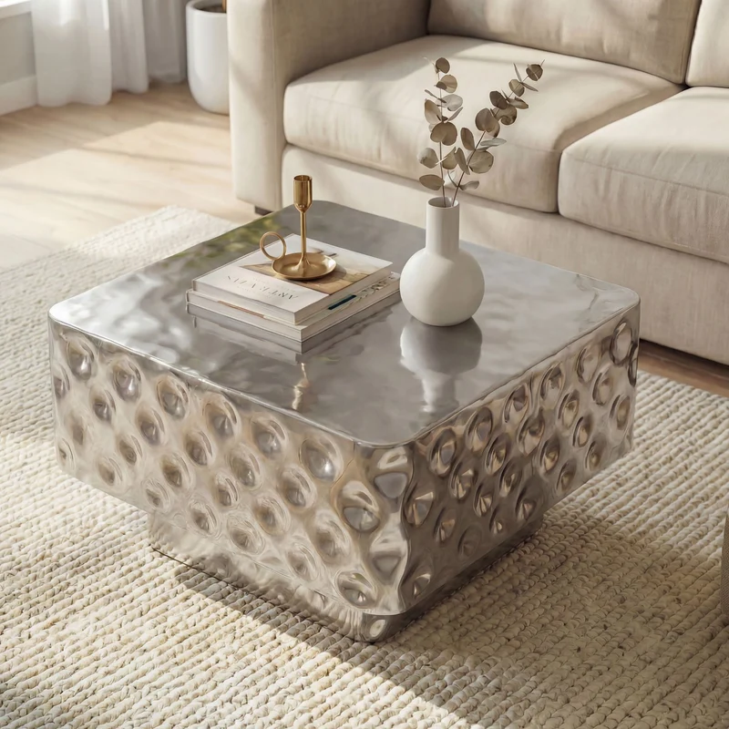 Couchtisch Aluminium 60 cm Silber Gehämmert im Kubus-Design Wohnzimmer