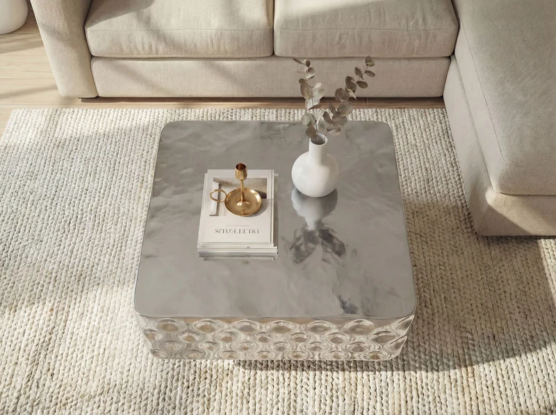 Couchtisch Aluminium 60 cm Silber Gehämmert im Kubus-Design Wohnzimmer