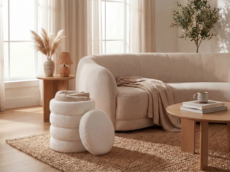 Sitz- & Fußhocker Boho mit Stauraum aus Teddy-Stoff in Creme, Ø 40 cm