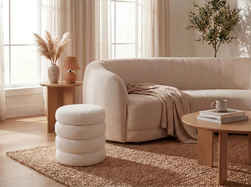 Sitz- & Fußhocker Boho mit Stauraum aus Teddy-Stoff in Creme, Ø 40 cm