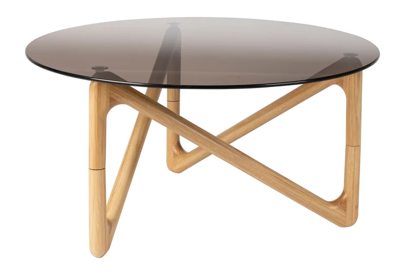 Couchtisch Naia mit Glasplatte und Eichenholzgestell, Boho-Chic