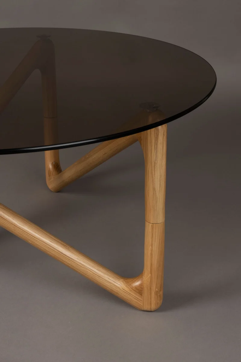 Couchtisch Naia mit Glasplatte und Eichenholzgestell, Boho-Chic