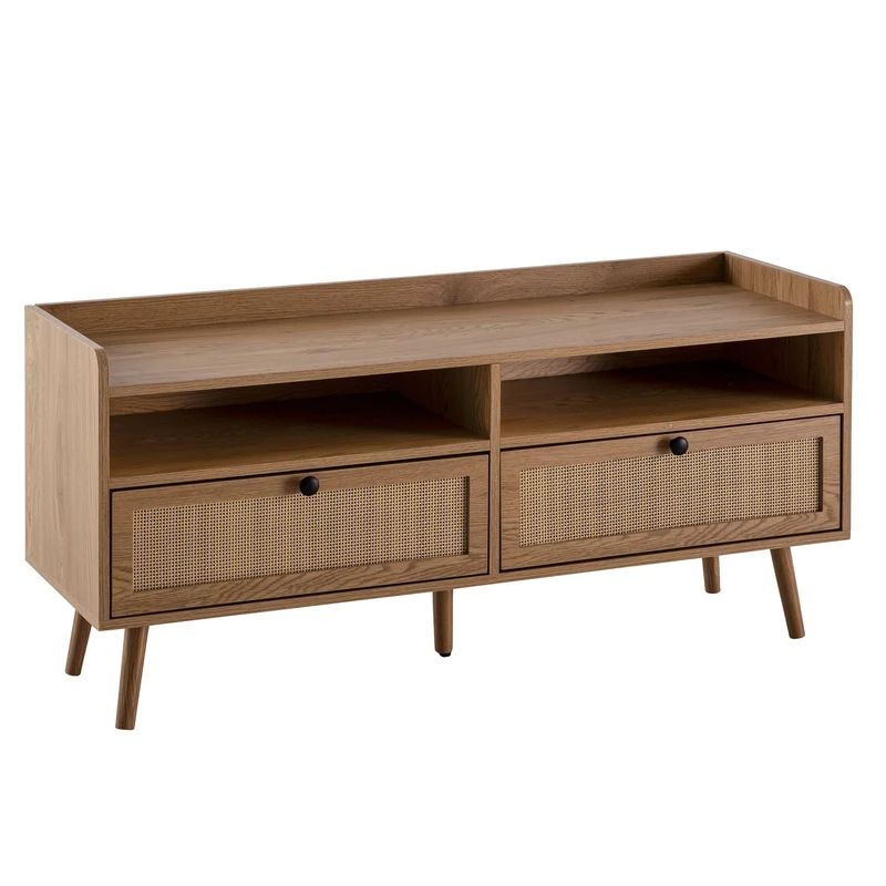 Lowboard 120x56x39cm TV-Kommode Eiche-Dekor Rattan Schubladen Stauraum