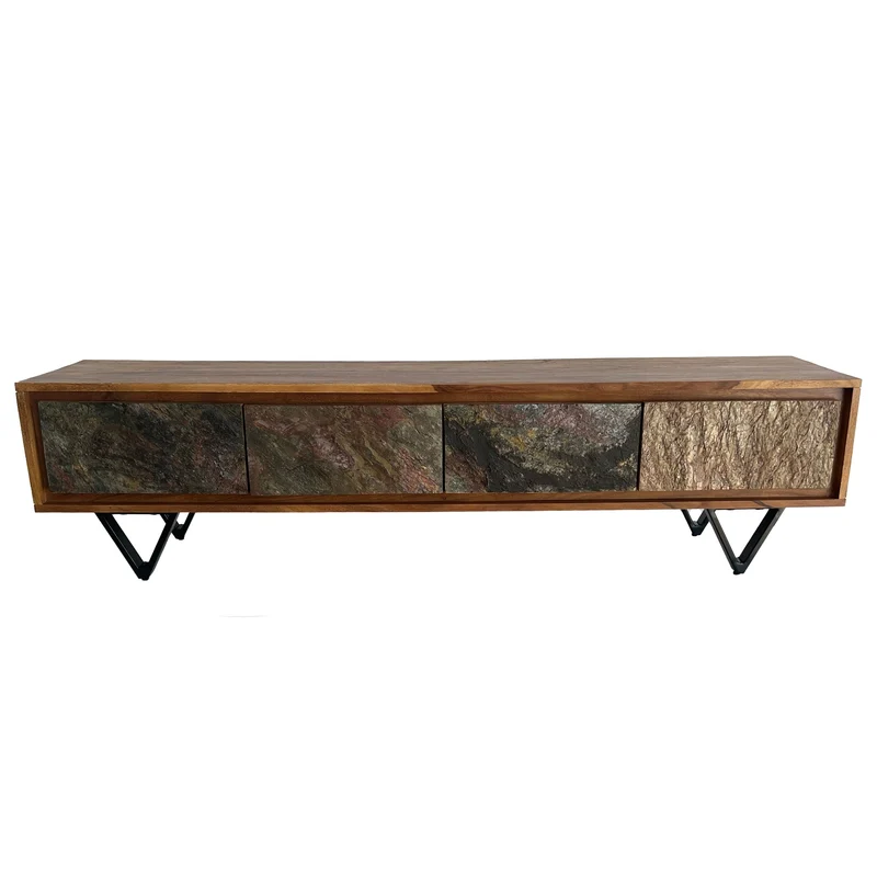 Lowboard Sheesham 160cm TV Board Steinoptik Metallgestell Industrial