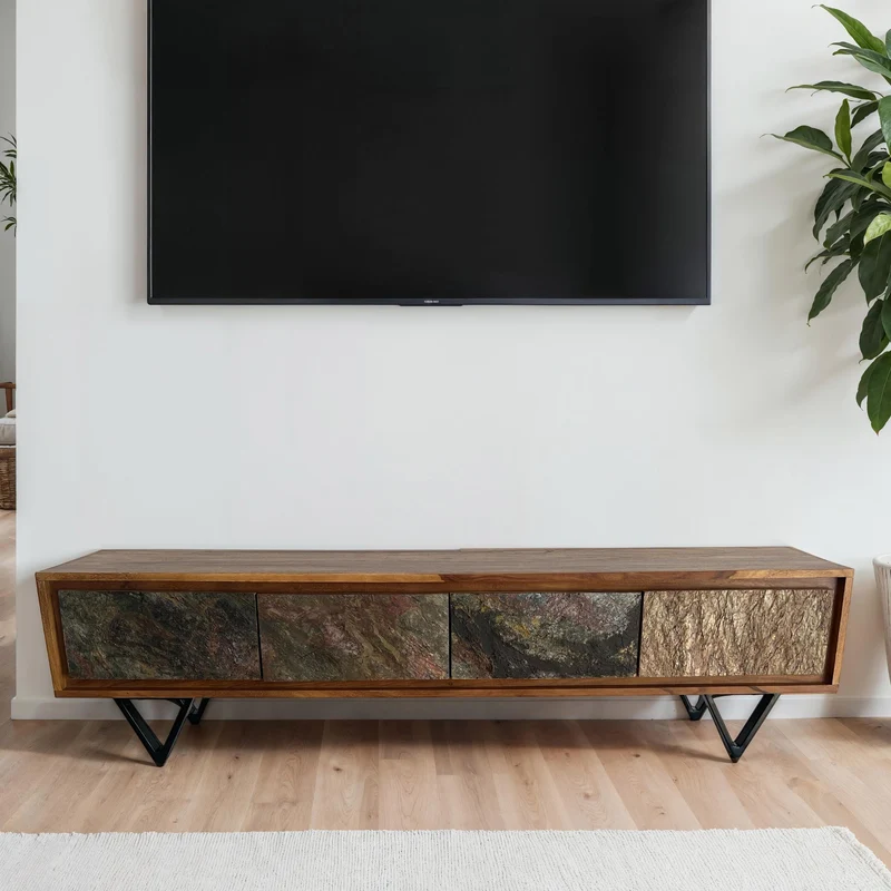 Lowboard Sheesham 160cm TV Board Steinoptik Metallgestell Industrial