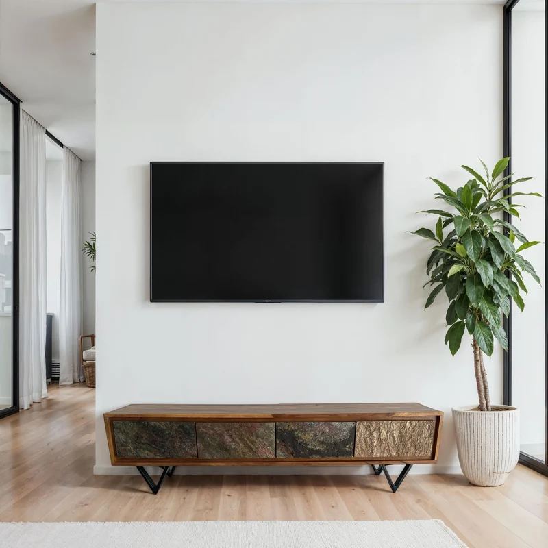 Lowboard Sheesham 160cm TV Board Steinoptik Metallgestell Industrial