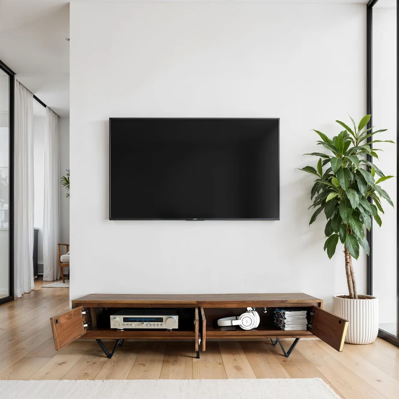 Lowboard Sheesham 160cm TV Board Steinoptik Metallgestell Industrial
