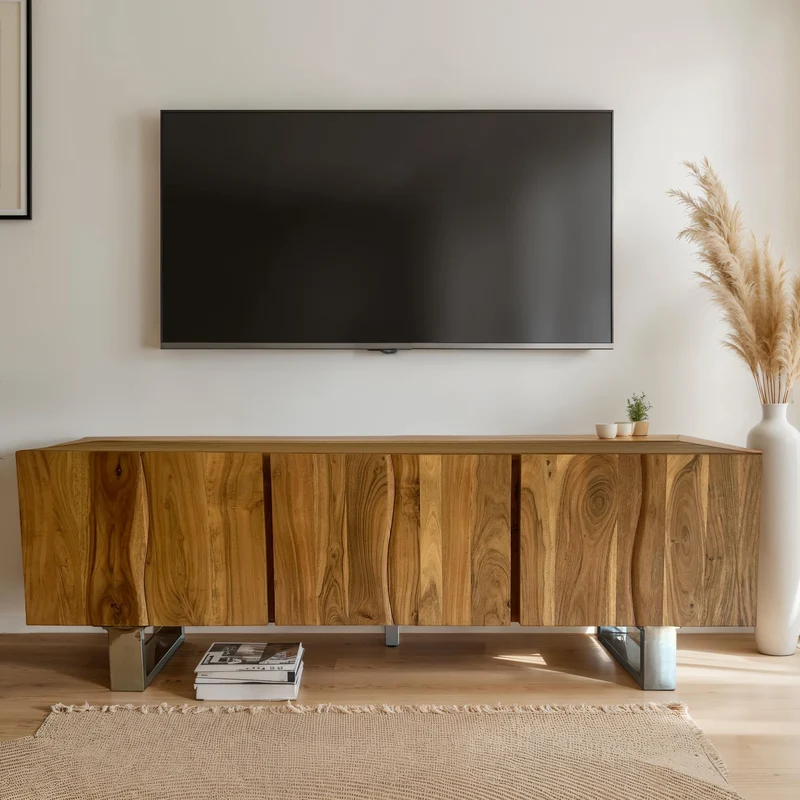 Lowboard Akazie Massiv 160cm TV-Kommode 3 Türen Metallbeine Modern