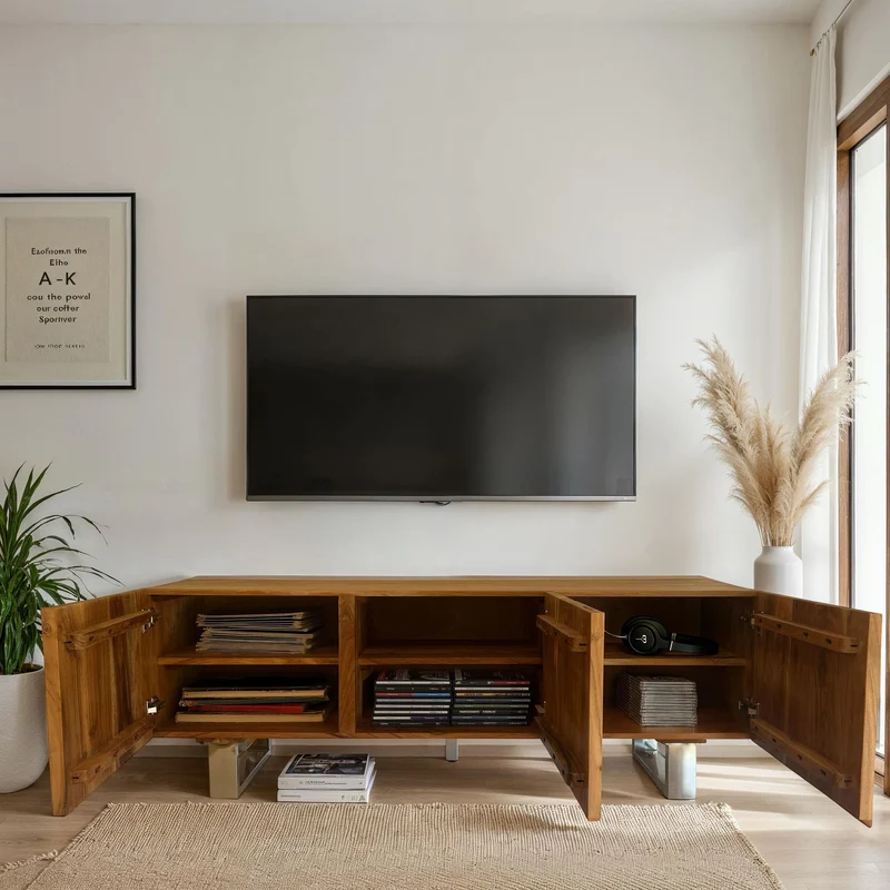 Lowboard Akazie Massiv 160cm TV-Kommode 3 Türen Metallbeine Modern