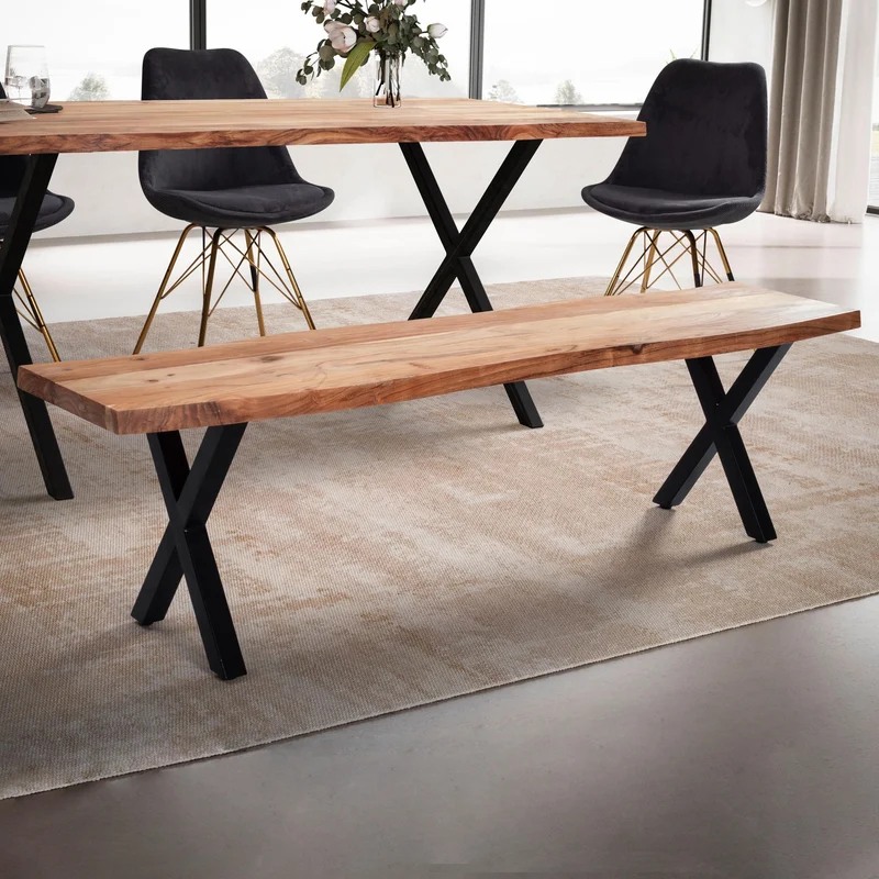 Esszimmerbank 160x40x45,5cm Akazie Massivholz Metall Baumkante Modern