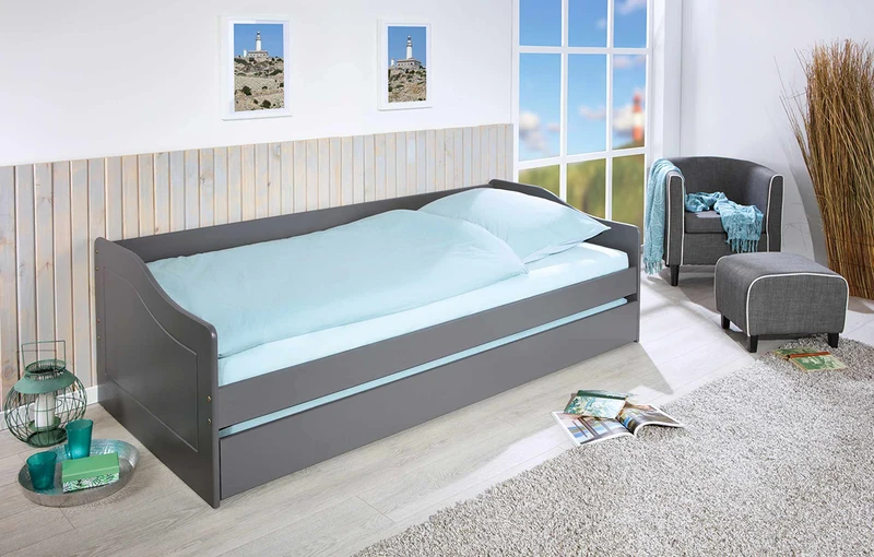 Sofabett Kinderbett MALTE grau mit Schublade 90 x 200 Kiefer massiv