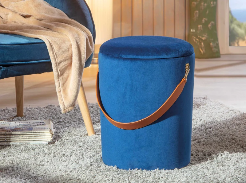 Polsterhocker PAPUA Samtbezug Blau Hocker mit Stauraum