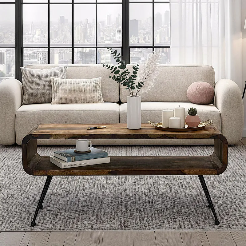 Couchtisch Sheesham Massivholz 100cm mit Ablagefach, Industrial Design