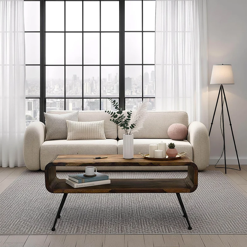 Couchtisch Sheesham Massivholz 100cm mit Ablagefach, Industrial Design