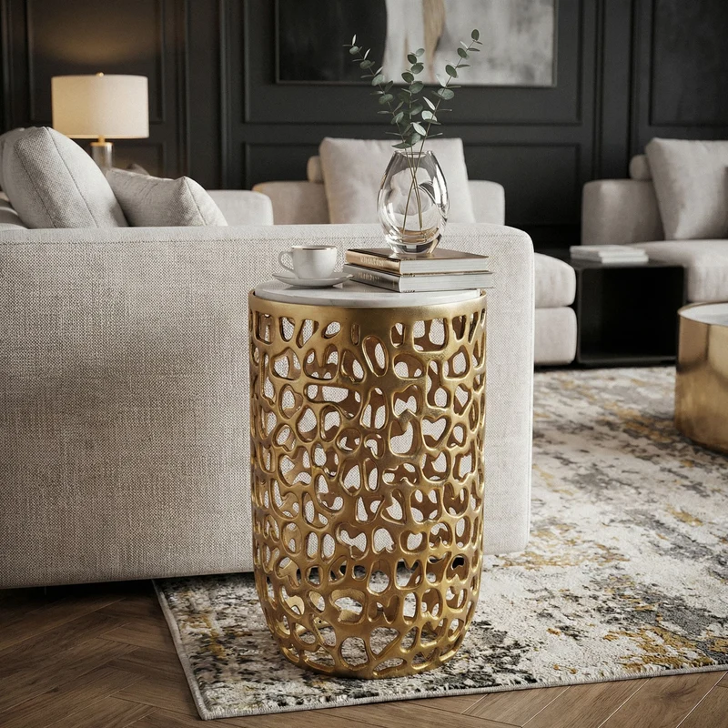 Wohnling Beistelltisch rund aus Marmor und Aluminium in Gold, 30 cm