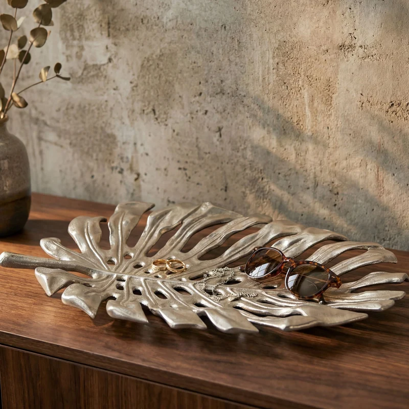 Dekoschale Monstera 36 cm Silber aus Aluminium, Schmuckschale Handmade