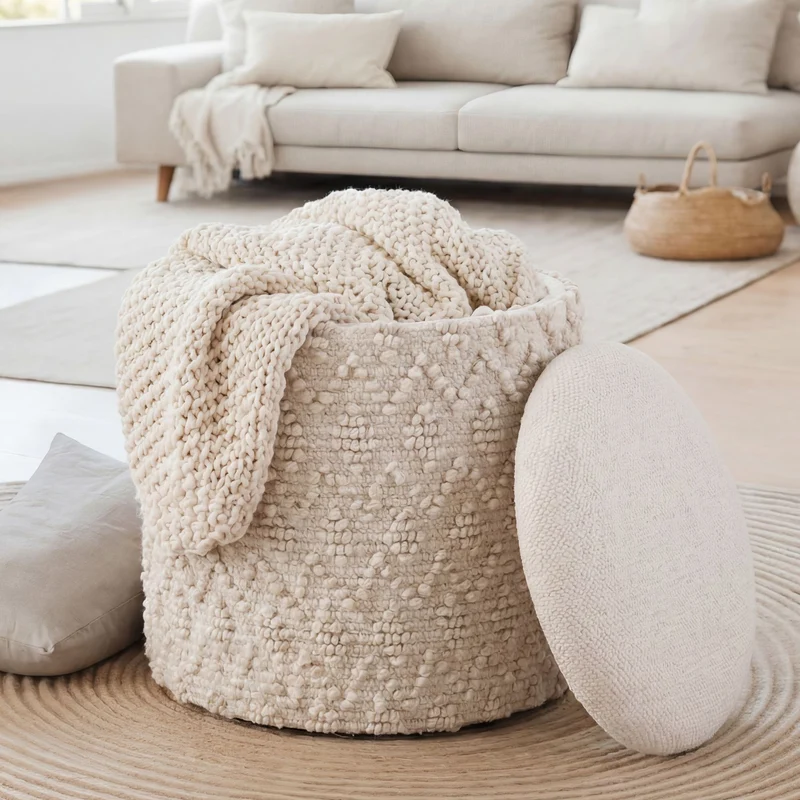 Sitz- & Fußhocker Boho mit Stauraum aus Wolle in Creme, 40 cm