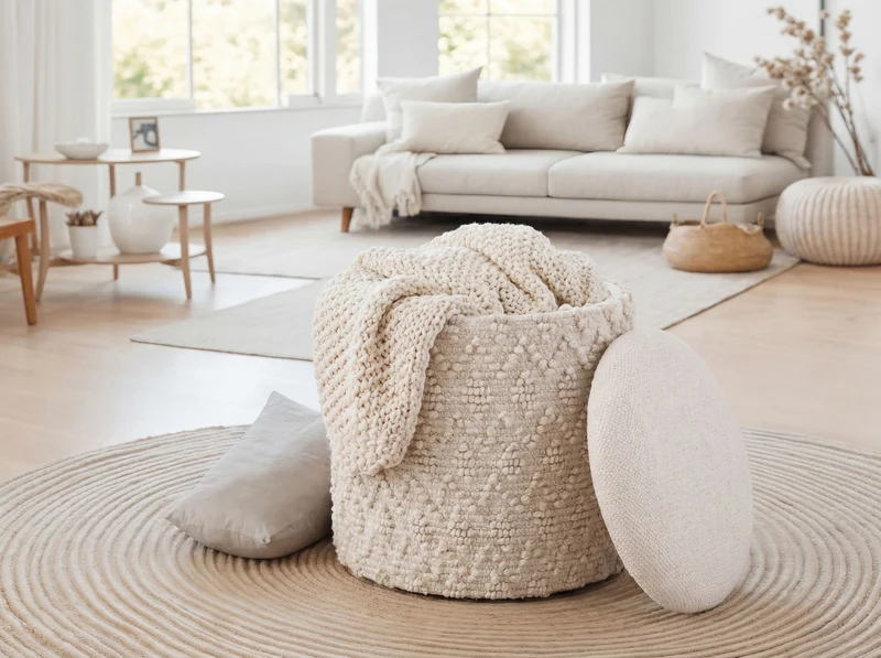 Sitz- & Fußhocker Boho mit Stauraum aus Wolle in Creme, 40 cm